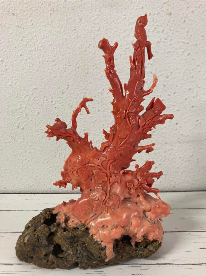 赤珊瑚 天女彫刻 母岩付 置物